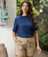 Neck Gathered Detailed Linen Blue Top
